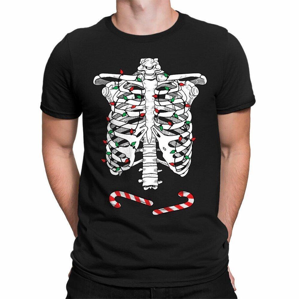 Christmas Skeleton Ribcage Lights Graphic T Shirt Spooky Holiday Funny Shirt 24